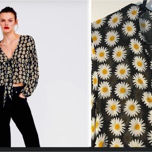 - Zara daisy print sheer blouse with sequinned bustier underneath.